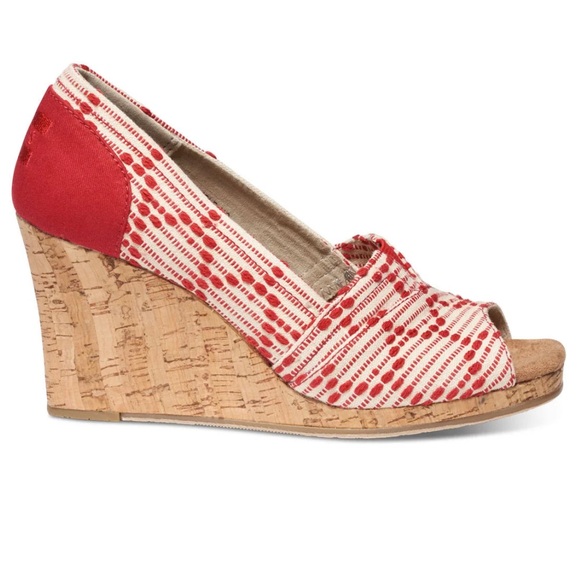 {Tom’s} Classic Red/Cream Gingham Wedge Sandals with Cork Heel | sz 9.5 - Picture 1 of 11